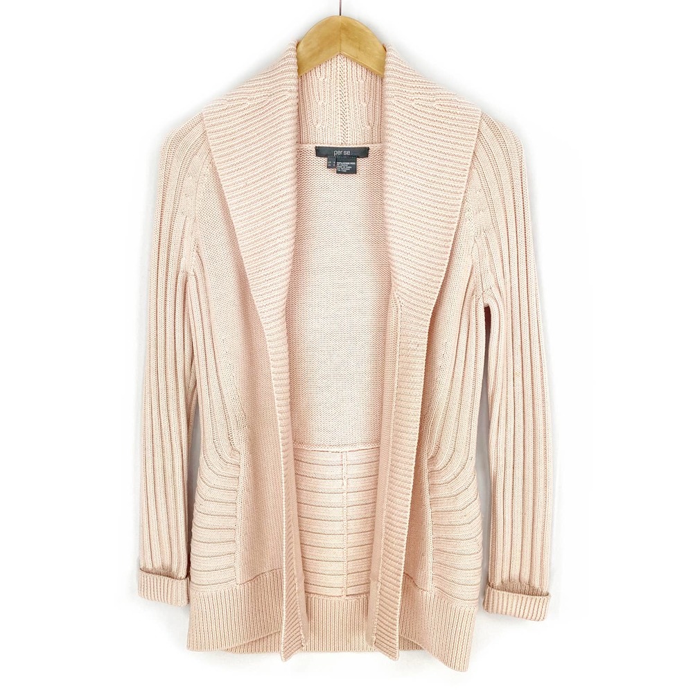 Per Se Chunky Cardigan Pink Merino Wool Open Front Ribbed Knit Sweater S